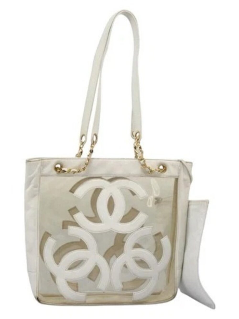 CHANEL Triple Coco Chain Tote Bag Vinyl Leather White Gold CC Auth bs23423
